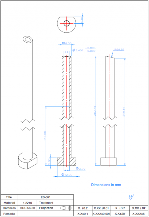 Ejector Sleeves Φ3.401+0.008xΦ3.70xΦ12×250.46mm
